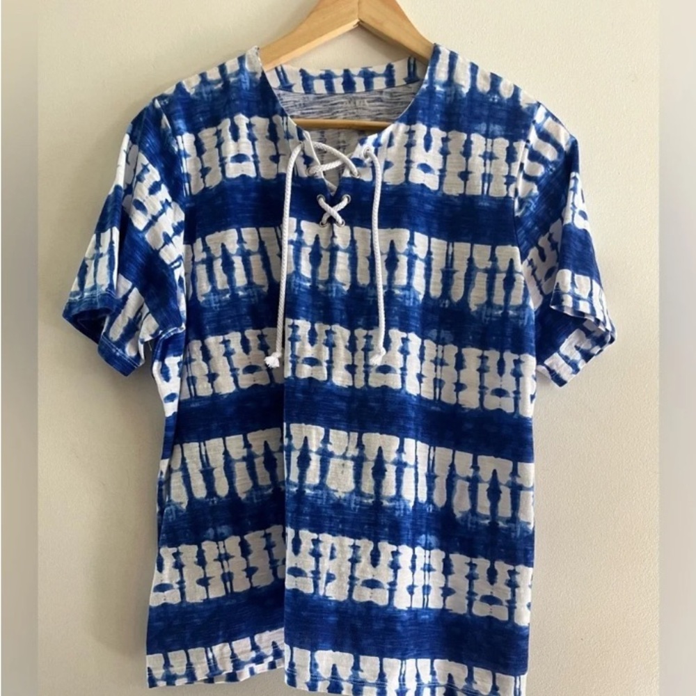 Alia Blue and White Tie-Dye Lace-Up Short Sleeve Tee